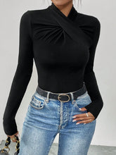 Women Elegant Casual Style Crew Neck High Collar Ruched Long Sleeve Bodysuit